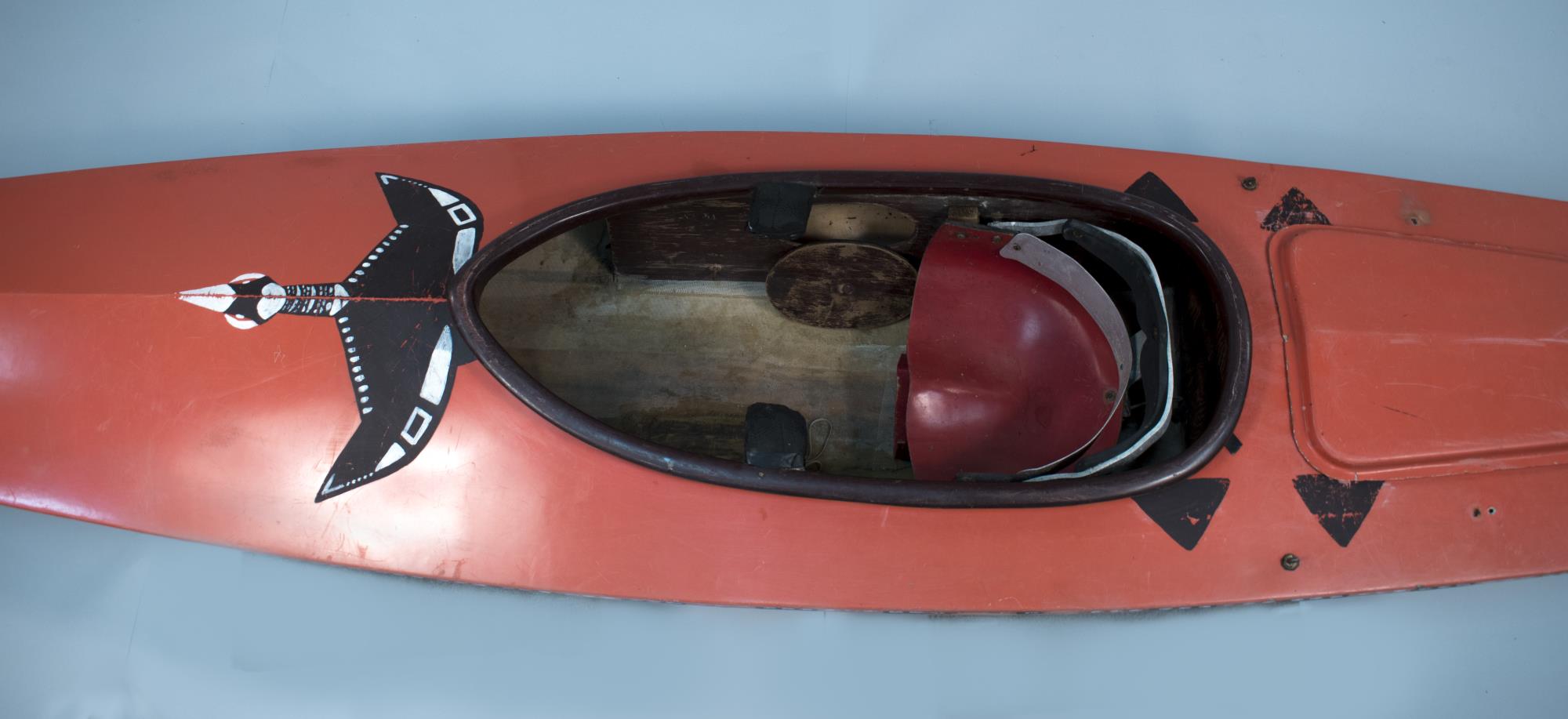 Image of Fiberglass kayak designed and used by Wolf Bauer, 1962