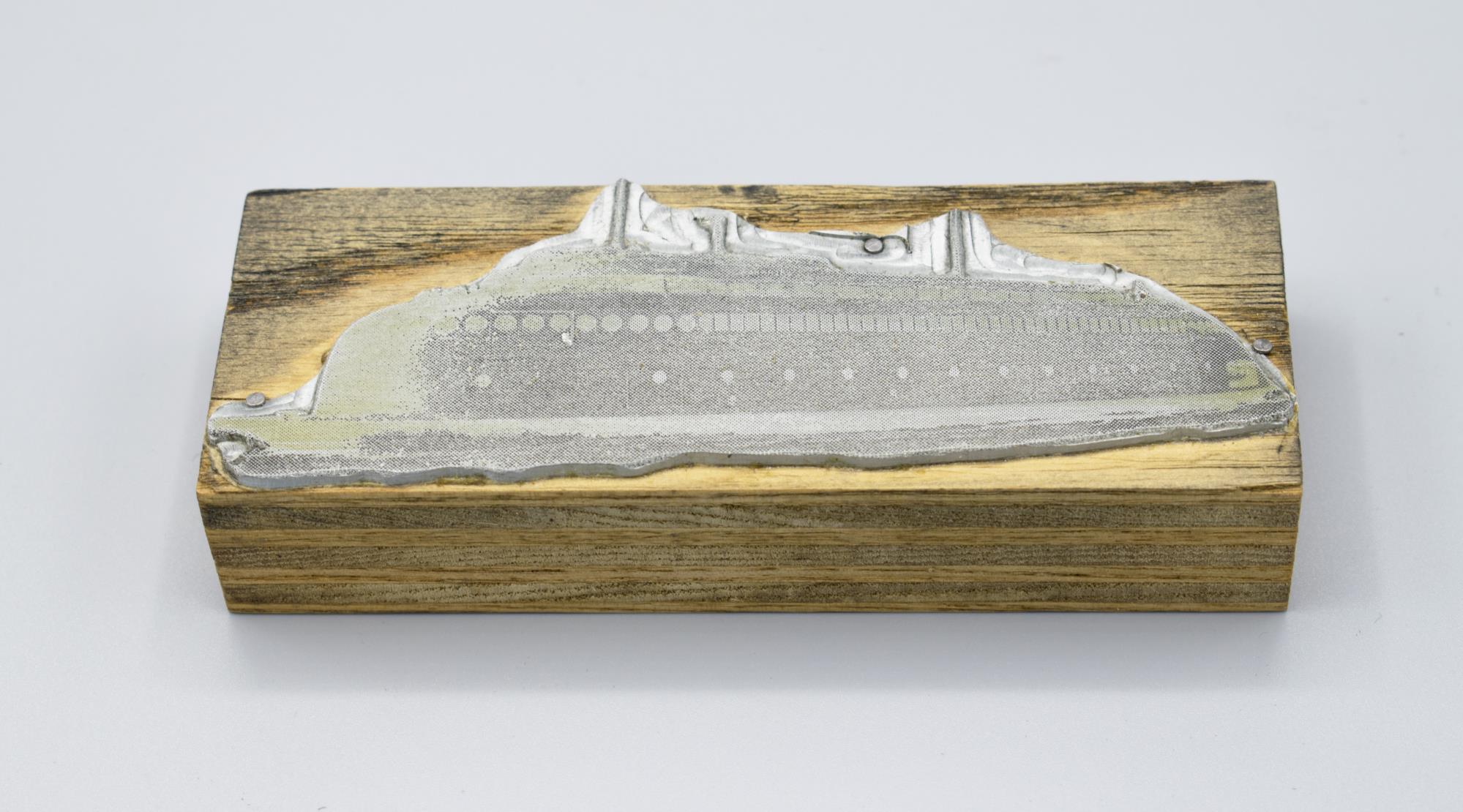 Image of Printing block featuring an image of the ferry Kalakala from Tony Ferrucci's Art Printing Co., ca. 1950