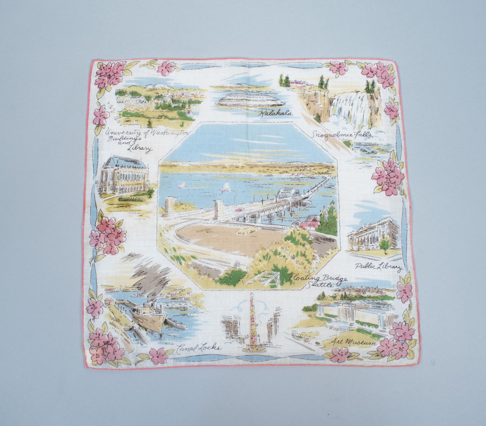 Image of Souvenir handkerchief showing I-90 floating bridge, 1940s-1950s