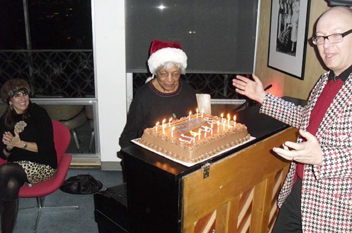 Image of Pianist Ruby Bishop celebrating her 90th birthday at the Swedish Club, Seattle, 2011