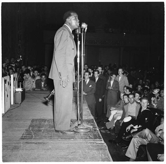 Image of Louis Armstrong onstage at the Civic Auditorium, Seattle, July 17, 1944