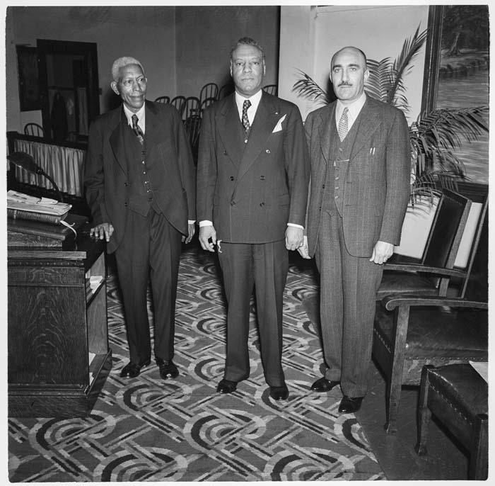 Image of A. Philip Randolph and C.L. Dellums at speaking venue, Seattle, circa 1947