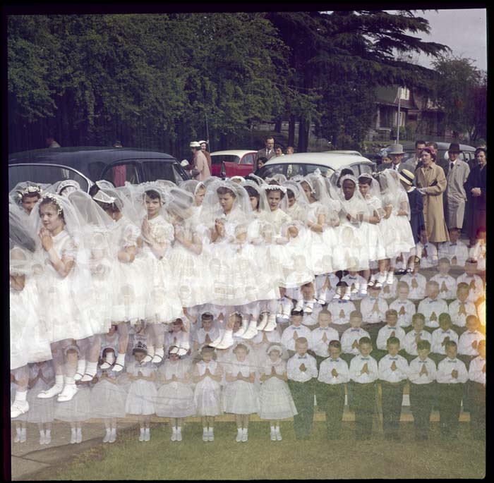 Image of Double exposure of First Communion at Immaculate Conception church, Seattle, circa 1960