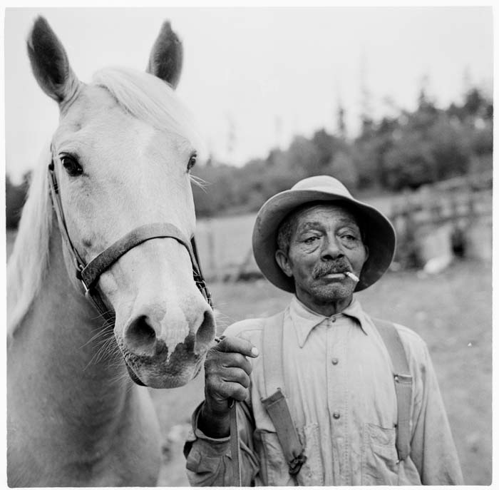 Image of Portrait of a man with a horse at a ranch, circa 1950