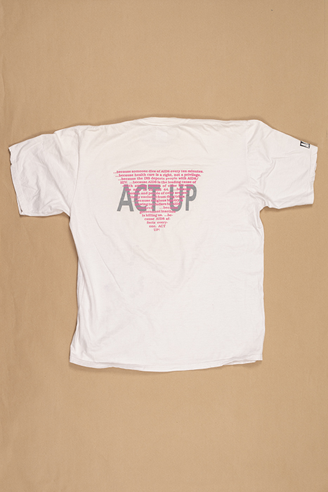 Image of ACT UP T-shirt with somber facts about AIDS on the back, owned by Philip Bereano, co-founder of ACT UP Seattle, ca. 1990