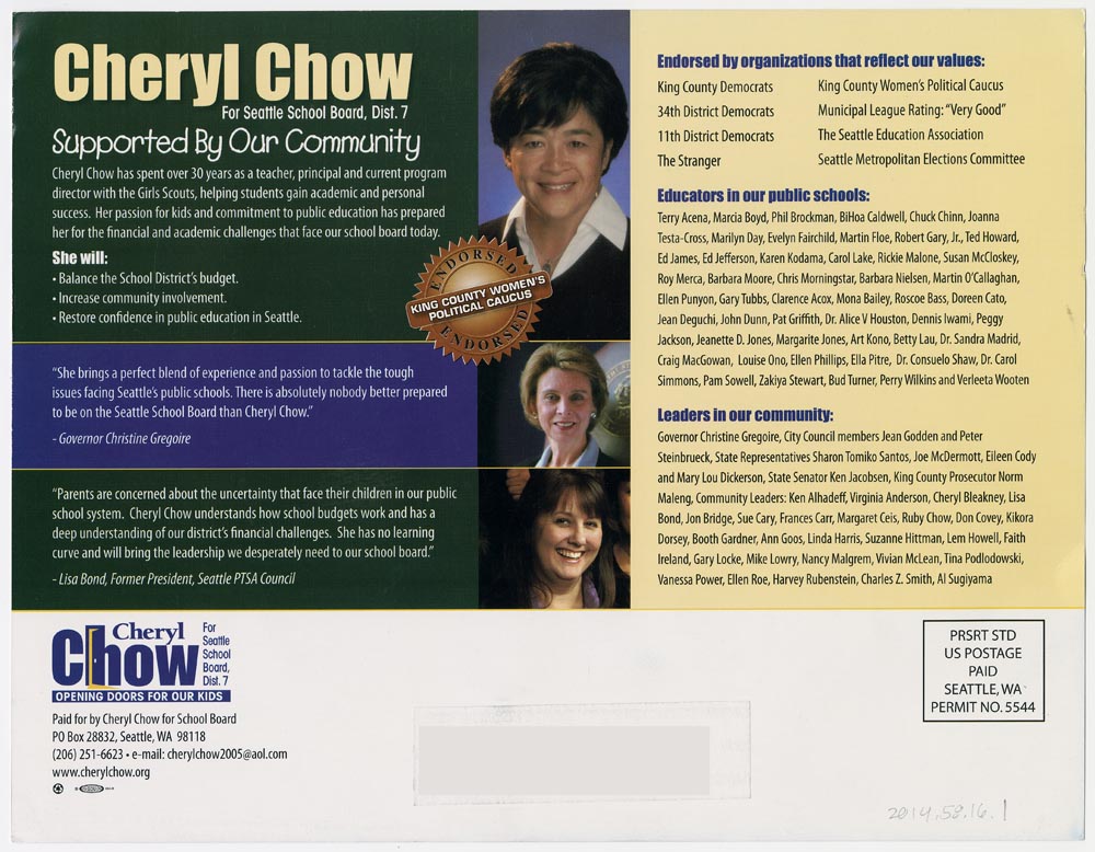 Image of Cheryl Chow for School Board campaign mailer, 2005