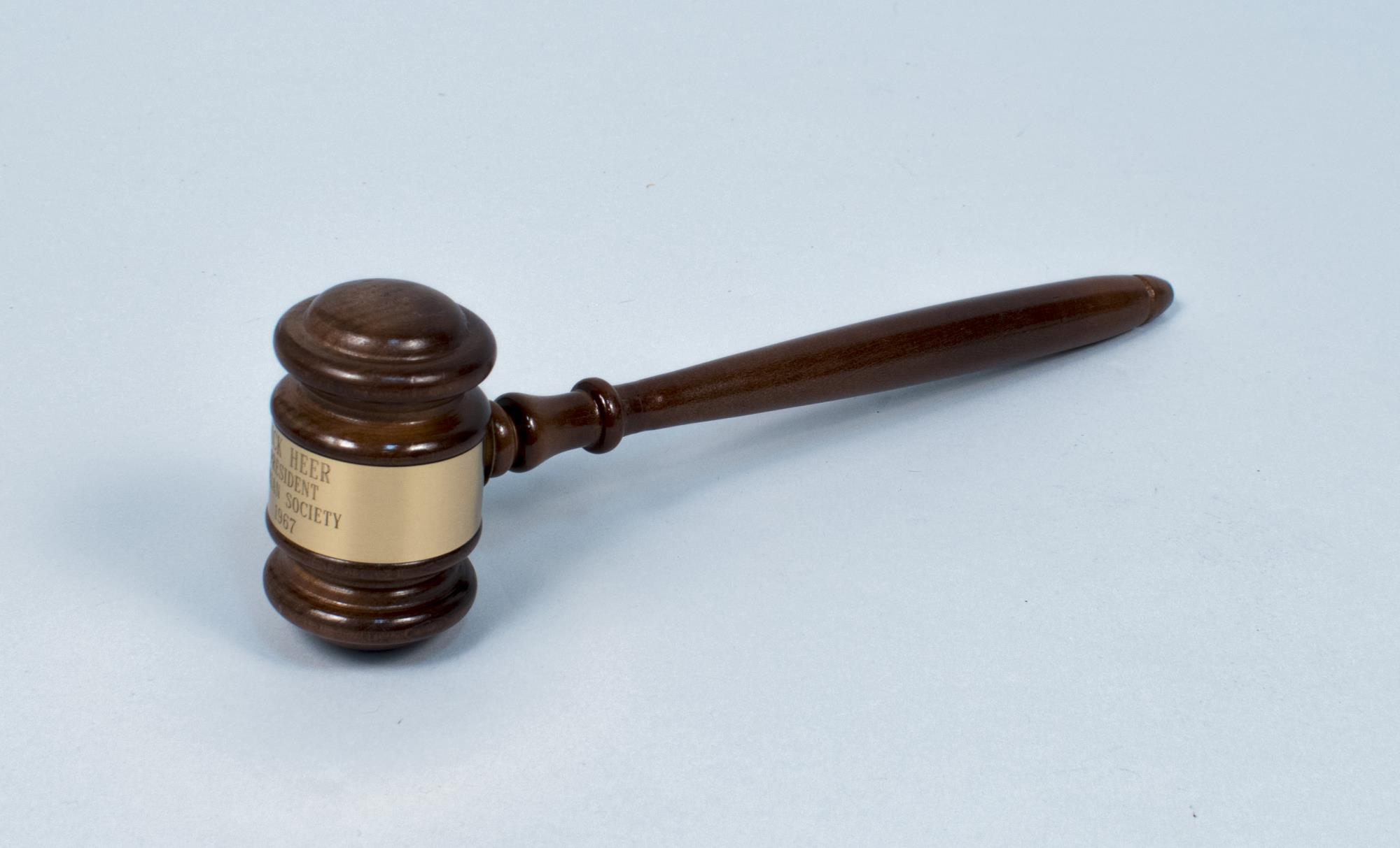 Image of Dorian Society gavel presented in 1971 to President Nicholas Heer who founded the society in 1967