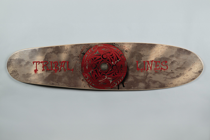 Image of Skateboard deck with Coast Salish design, made by Tulalip artist Ty Juvinel, ca. 2014