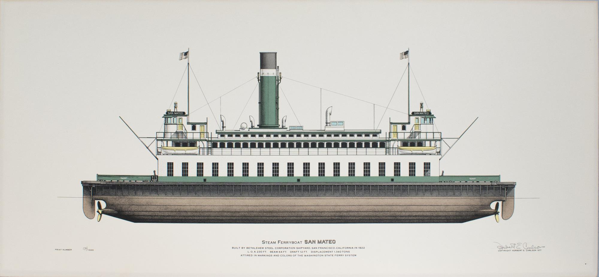 Image of Color print drawing of the steam ferryboat San Mateo by local artist Herbert Carlson, 1977