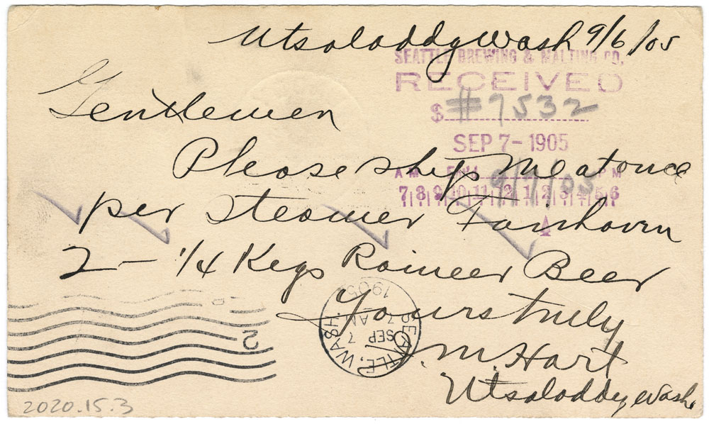 Image of Postcard to Seattle Brewing & Malting Company, September 1905