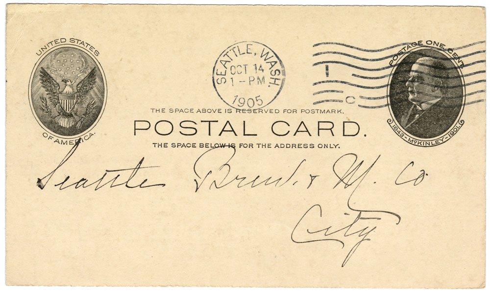 Image of Postcard to Seattle Brewing & Malting Company, October 1905