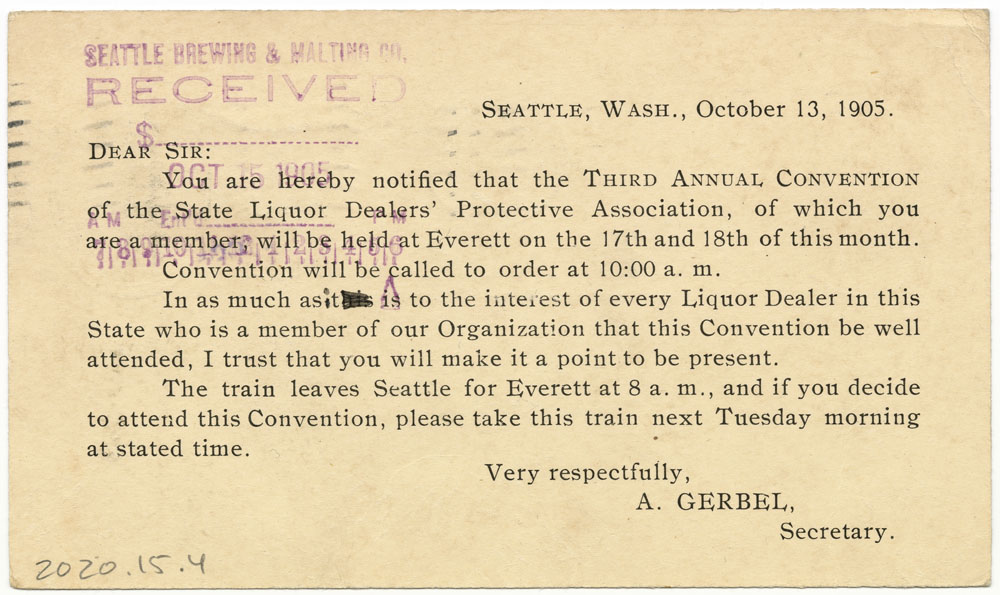 Image of Postcard to Seattle Brewing & Malting Company, October 1905