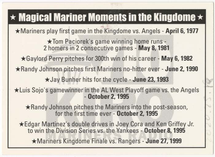 Image of Commemorative card for last Mariners game at the Kingdome, June 27, 1999