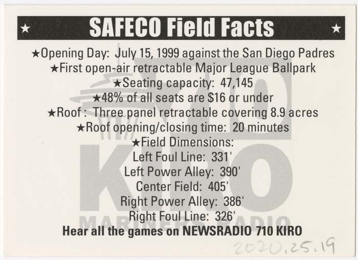 Image of Commemorative card for first Mariners game at Safeco Field, July 15, 1999