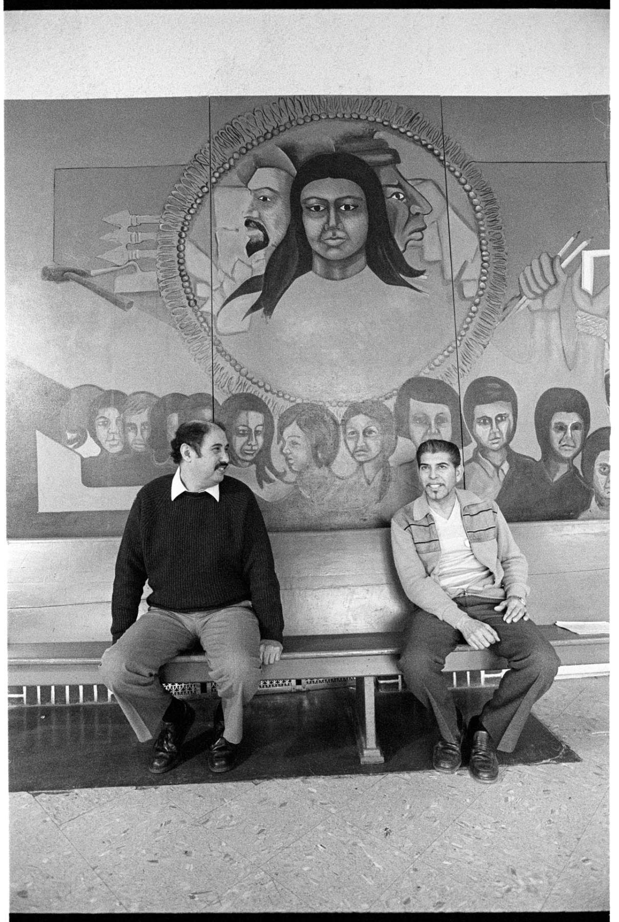 Image of Ricardo Garcia and Bill Nicacio at KDNA studio, Granger, February 13, 1992