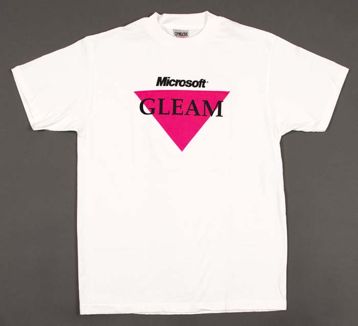 Image of Microsoft GLEAM T-shirt, white with pink triangle design, 1993