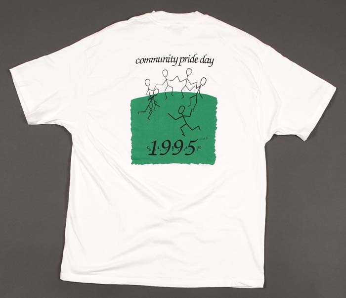 Image of Microsoft GLEAM T-shirt, white with stick figures, 1995