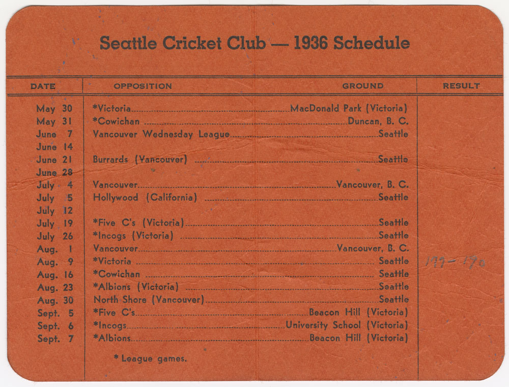 Image of Seattle Cricket Club schedule, 1936