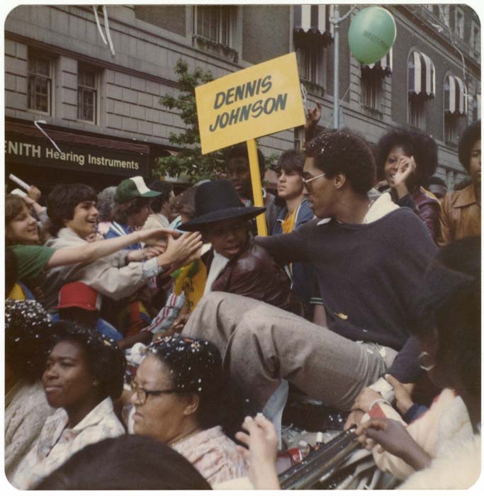 Image of Dennis Johnson in Sonics championship parade, Seattle, June 4, 1979