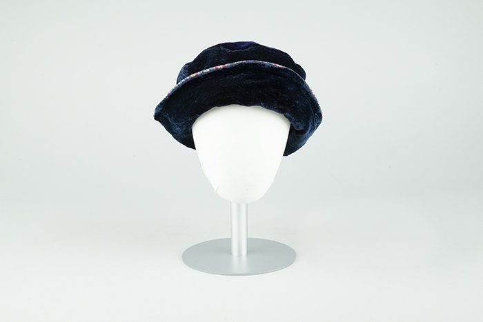 Image of Velvet hat with rainbow fabric from Hatterdashery, ca. 1995