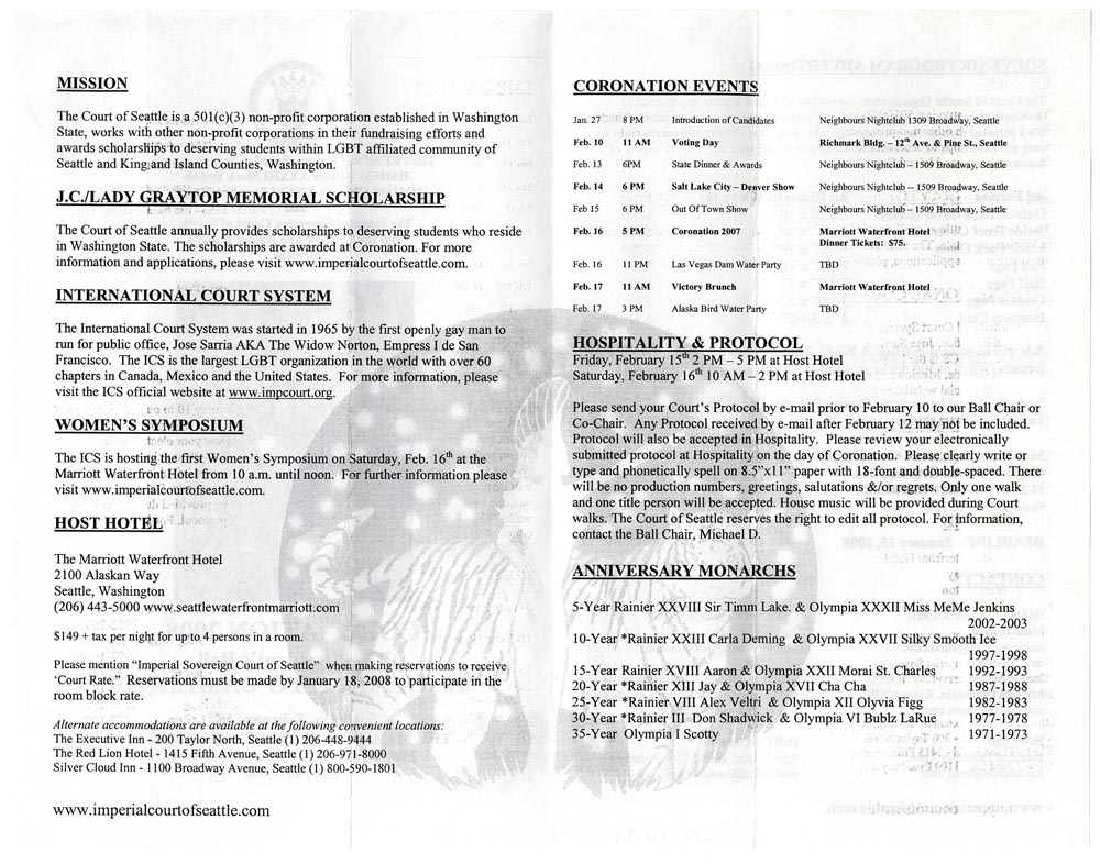 Image of Imperial Sovereign Court of Seattle Coronation 2008 brochure