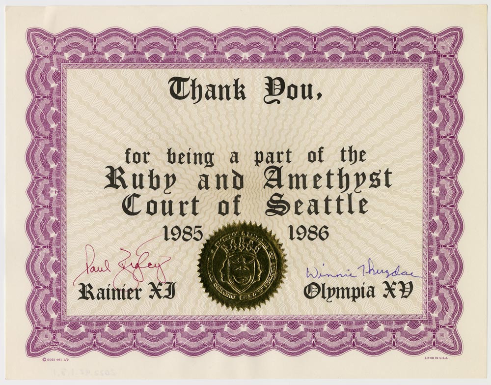 Image of Thank you certificate from royalty of Imperial Sovereign Court of Seattle, 1986