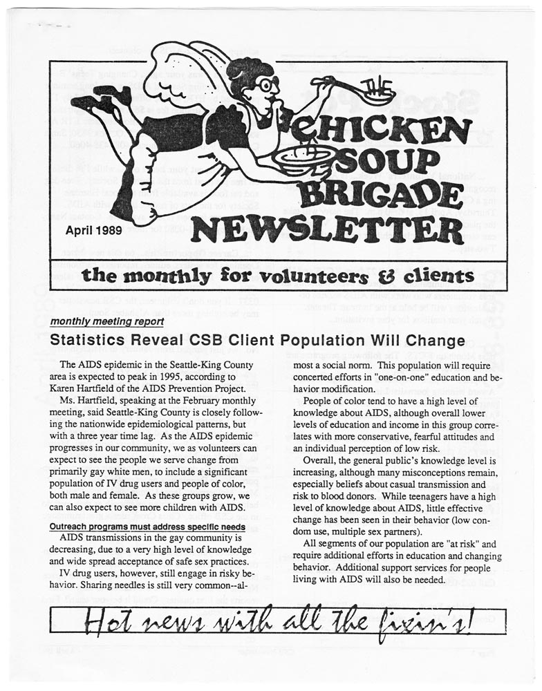 Image of Chicken Soup Brigade Newsletter: The Monthly for Volunteers and Clients, April 1989