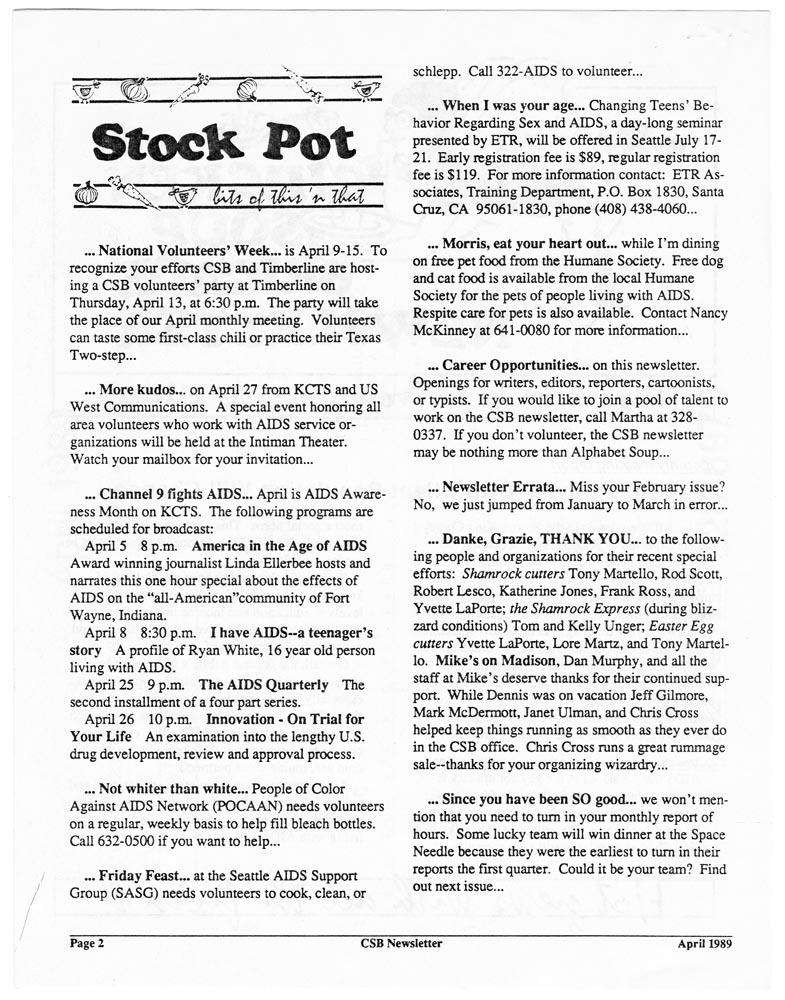 Image of Chicken Soup Brigade Newsletter: The Monthly for Volunteers and Clients, April 1989