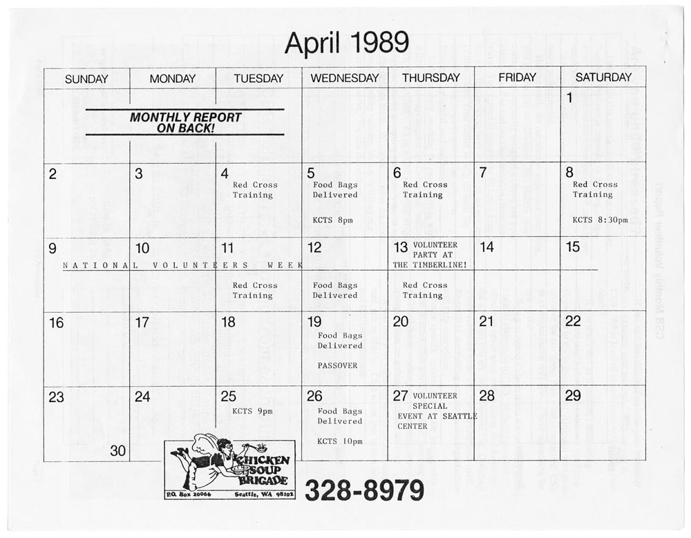 Image of Chicken Soup Brigade Newsletter: The Monthly for Volunteers and Clients, April 1989