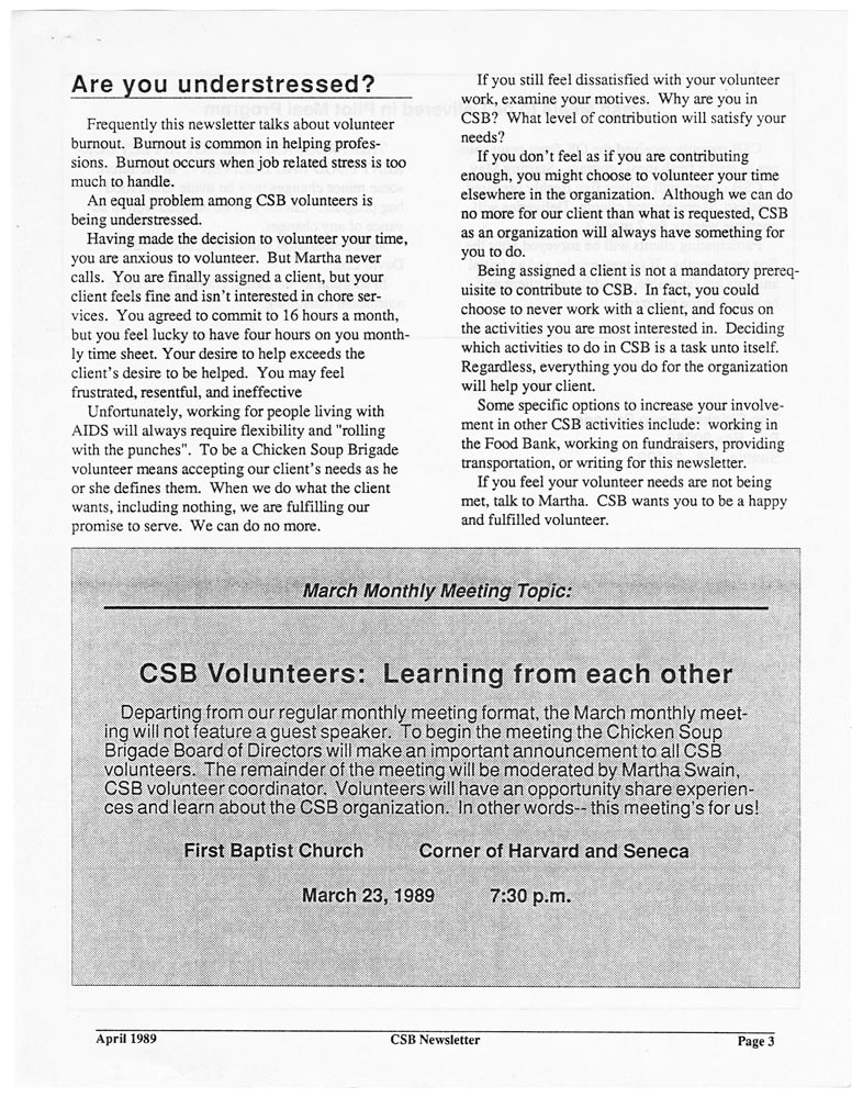 Image of Chicken Soup Brigade Newsletter: The Monthly for Volunteers and Clients, April 1989