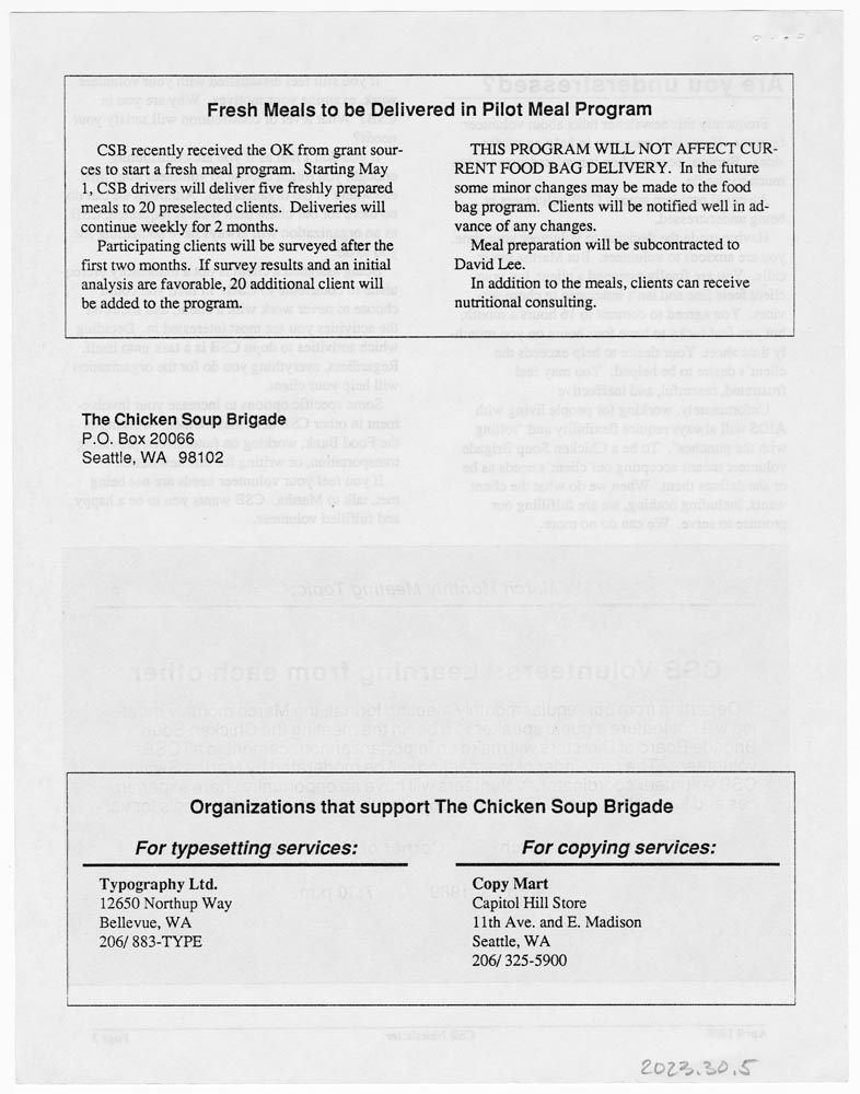 Image of Chicken Soup Brigade Newsletter: The Monthly for Volunteers and Clients, April 1989