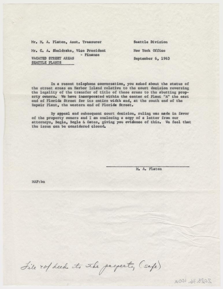 Image of Correspondence related to ownership of vacated street areas on Harbor Island, September 6, 1963