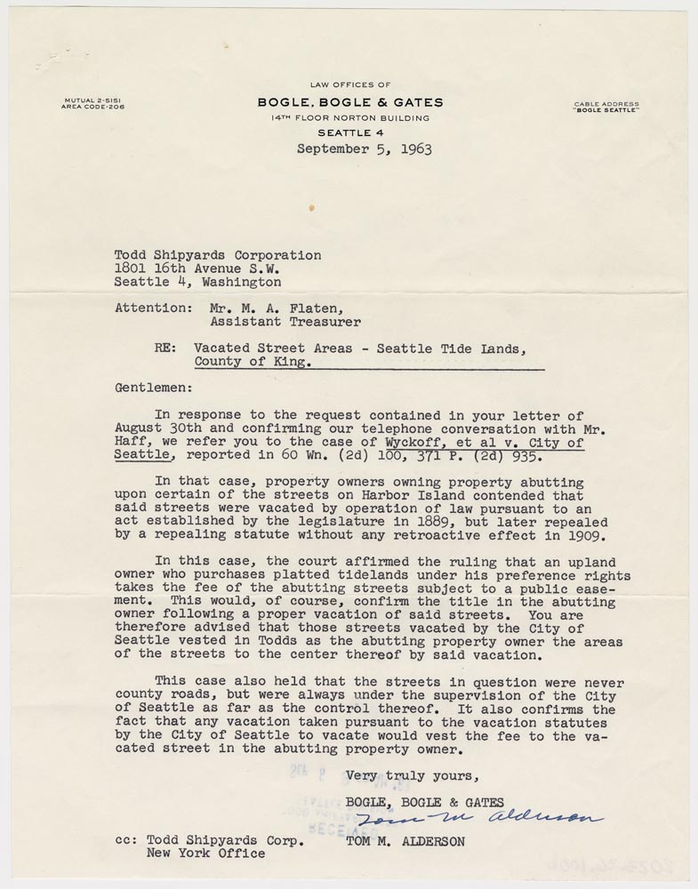 Image of Correspondence related to ownership of vacated street areas on Harbor Island, September 6, 1963
