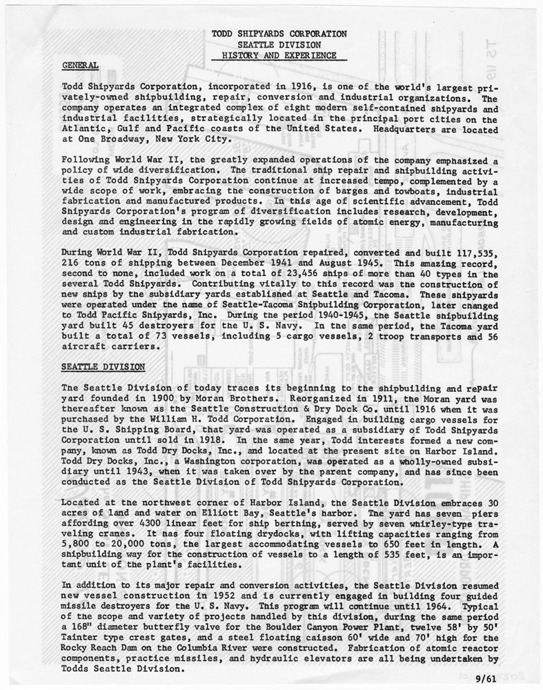 Image of Todd Shipyards Corporation, Seattle Division: History and Experience, September 1961