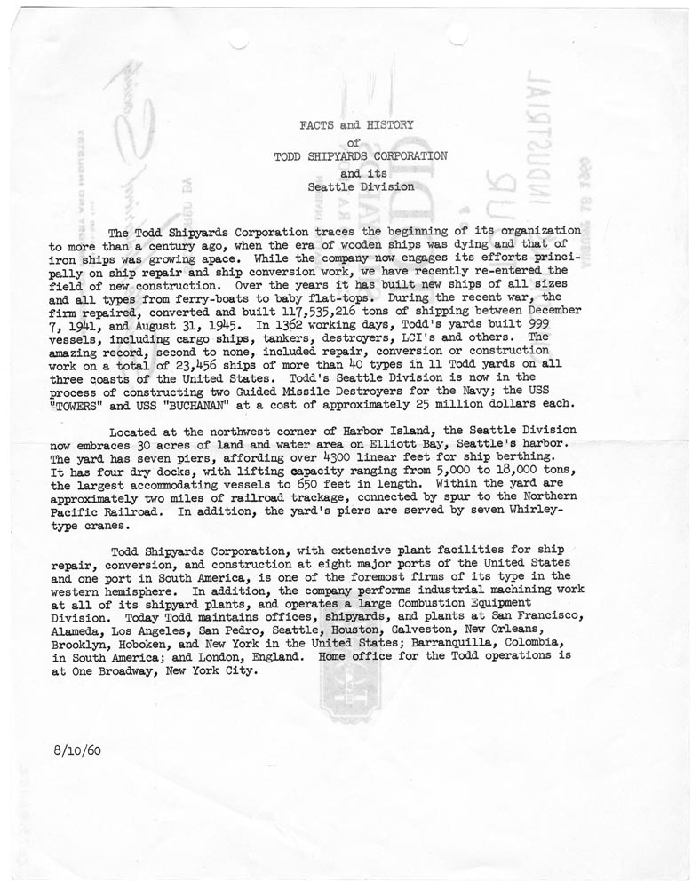 Image of Facts and History of Todd Shipyards Corporation and its Seattle Division, August 10, 1960