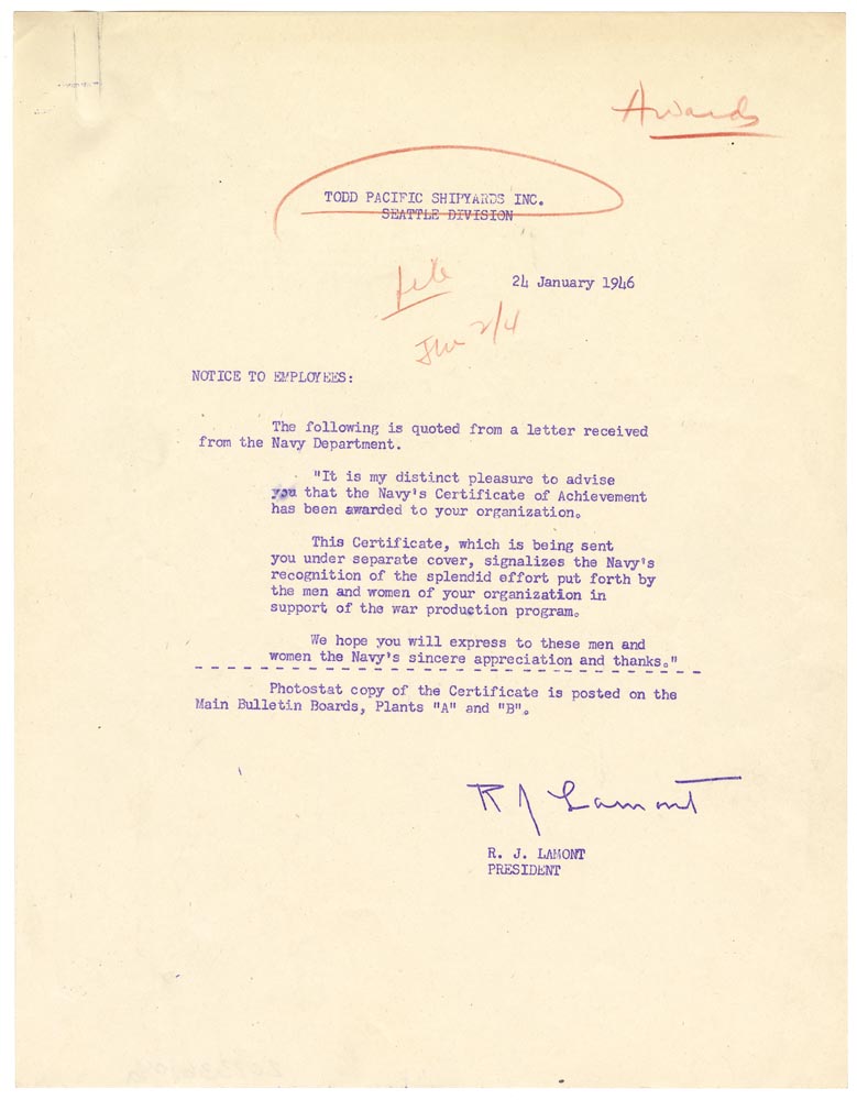Image of Copy of Certificate of Achievement, given to Todd Pacific Shipyards, Inc., Seattle Division for contribution to National War Effort, December 15, 1945, plus notice to employees regarding such, January 24, 1946