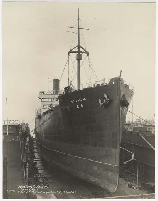 Image of Steamship M.S. Dollar drydocked at Todd Dry Docks, Inc., Seattle, February 29, 1920