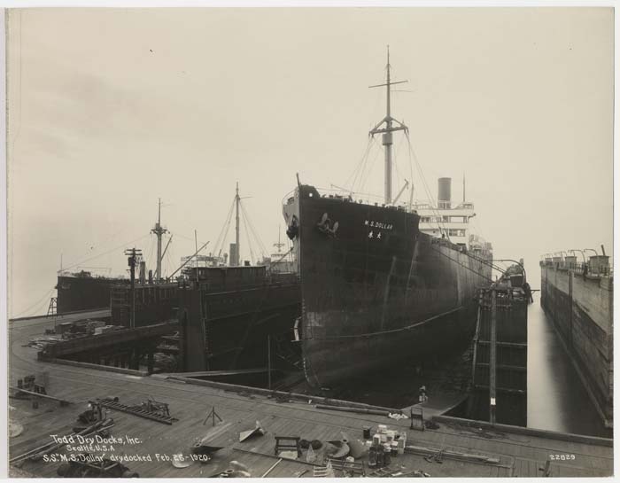 Image of Steamship M.S. Dollar drydocked at Todd Dry Docks, Inc., Seattle, February 26, 1920