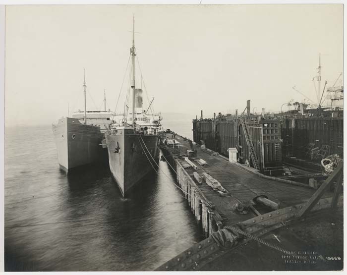Image of S.S. Fort Harrison and S.S. President [?], Admiral Line, Pacific Steamship Co., at Todd Dry Docks, Seattle, November 1918