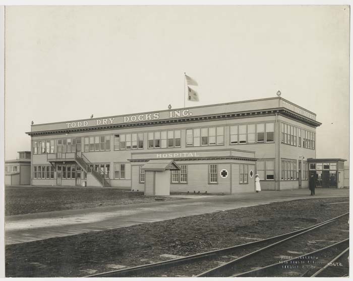 Image of Main gate, administration and other buildings, Todd Dry Docks, Inc., Seattle,  November 4, 1918