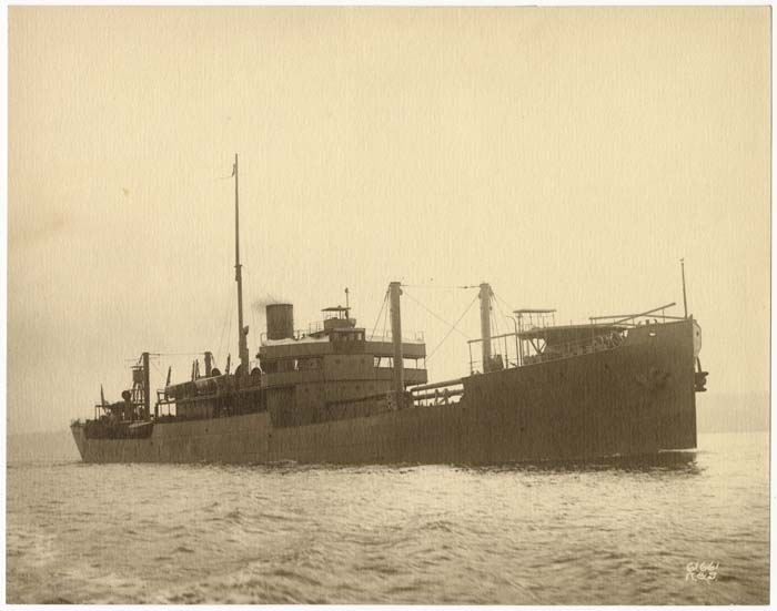 Image of One of Commandeered Ships with War-Zone Requirements, and in Loaded Condition, Seattle Construction & Drydock Co., circa 1918