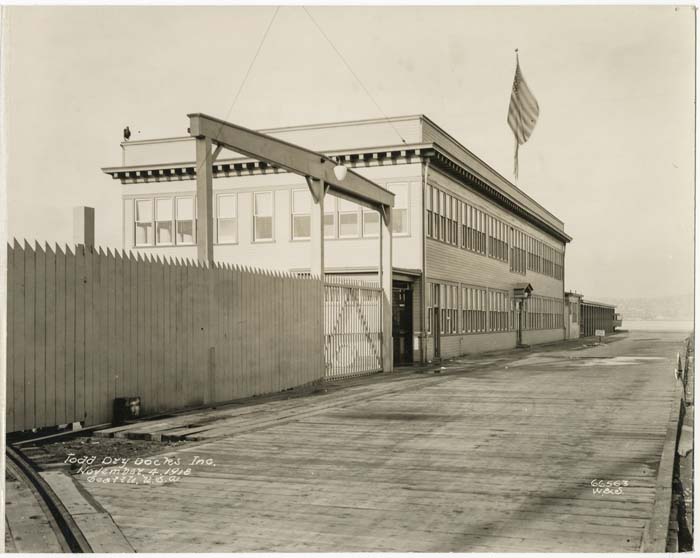 Image of Main gate, Administration building, restaurant and garage at Todd Dry Docks, Inc., Seattle, November 4, 1918