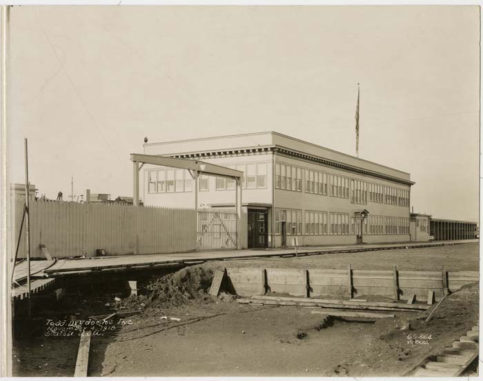 Image of Main gate, Administration building, restaurant and garage at Todd Dry Docks, Inc., Seattle, November 4, 1918