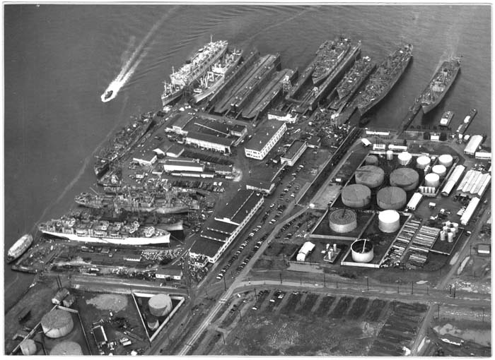 Image of Repair Yard, aerial view of yard, Todd Pacific Shipyards, Inc., Seattle Division, November 17, 1956