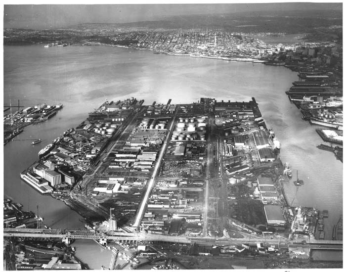 Image of Aerial view of Harbor Island with Todd Shipyards located on NW corner of Island, Todd Shipyards Corporation, Seattle Division, February 1965