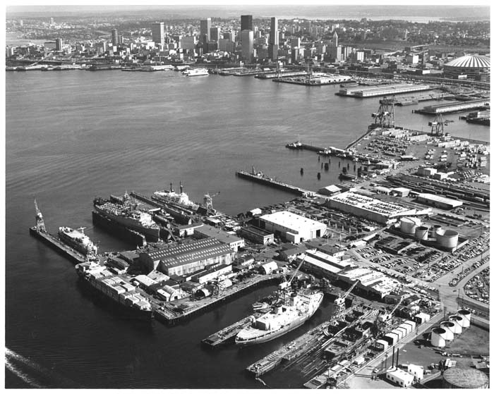 Image of Aerial view looking northeasterly, Todd Pacific Shipyards Corp, Seattle Division, 1977