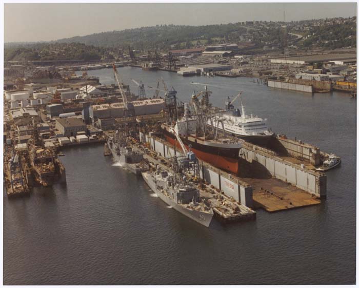 Image of Aerial view of yard looking southwesterly, Todd Pacific Shipyards Corp, Seattle Division, 1983
