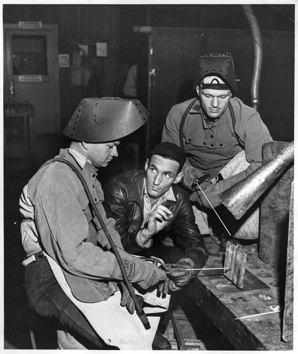 Image of George Dunlap training Herb Johnson and Jack Ferris, In-Plant Training Department at Todd Pacific Shipyards, Seattle Division, circa 1945
