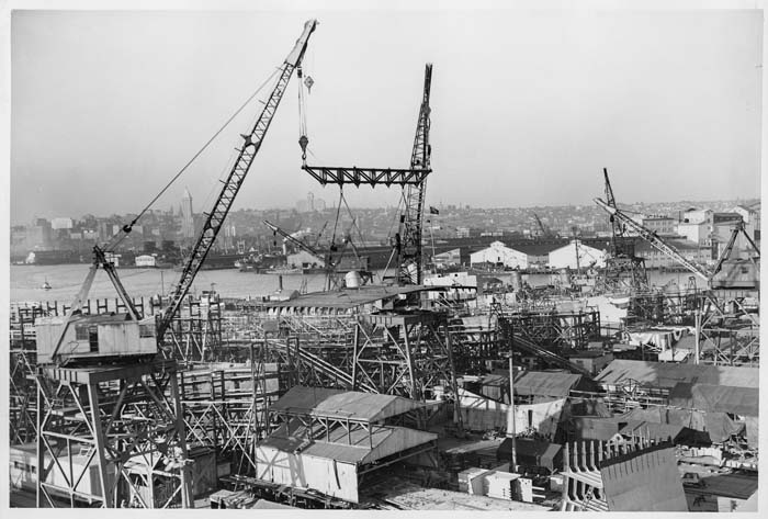 Image of Cranes in yard, Plant A, Todd Pacific Shipyards,  Seattle, circa 1943