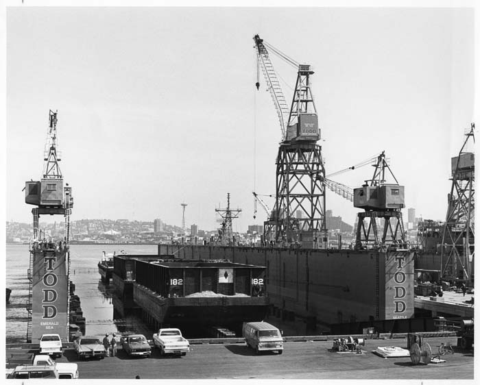 Image of View of Todd Shipyards with Space Needle in the background, Seattle, circa 1975